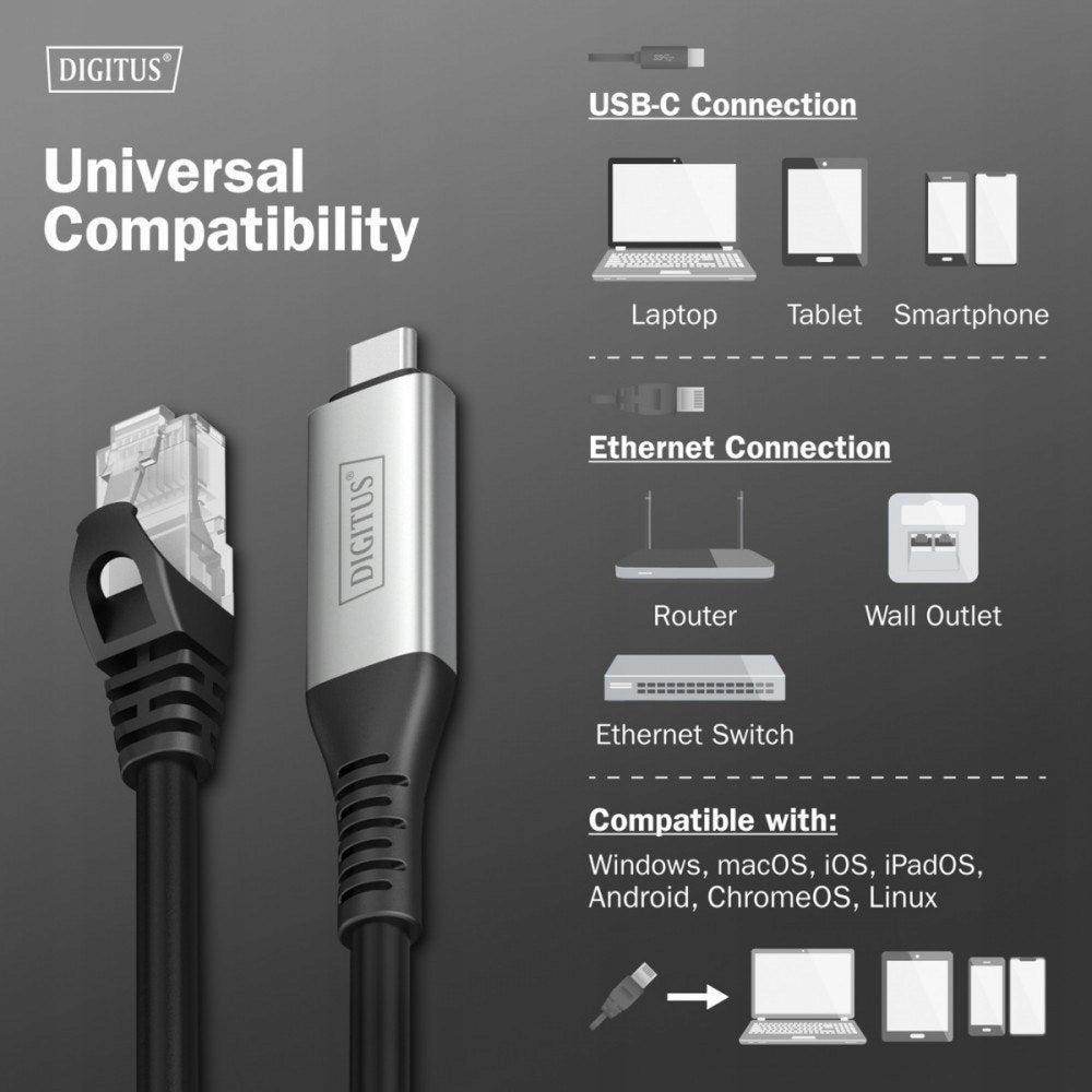 Cable adapter DIGITUS USB-C – RJ45 Cat. 6A S/FTP, 1 Gbit/s, USB 3.2 Gen1, Manufacturer Digitus