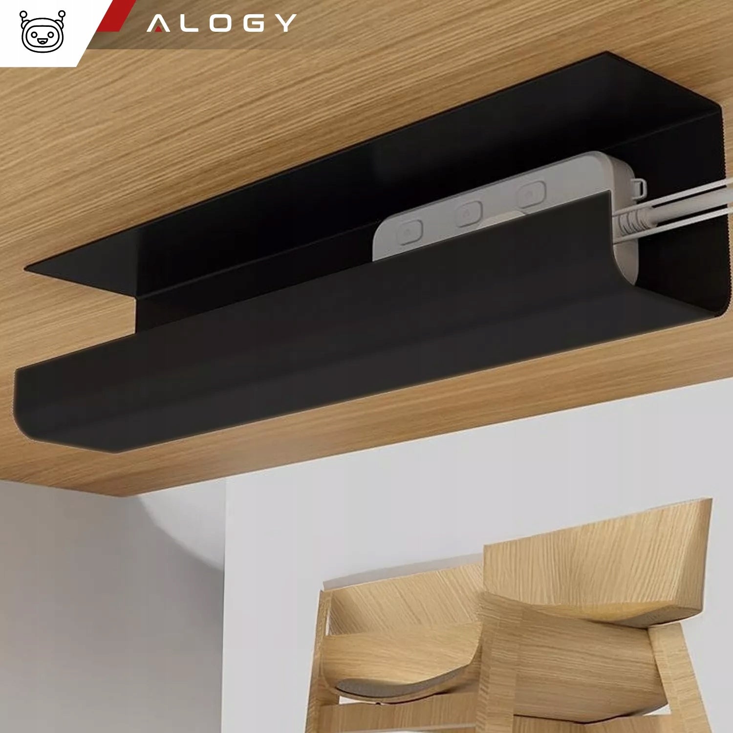 Cable organizer wires desk basket shelf grille hanger black Manufacturer code Półka schowek na listwy, kable klejony 75032