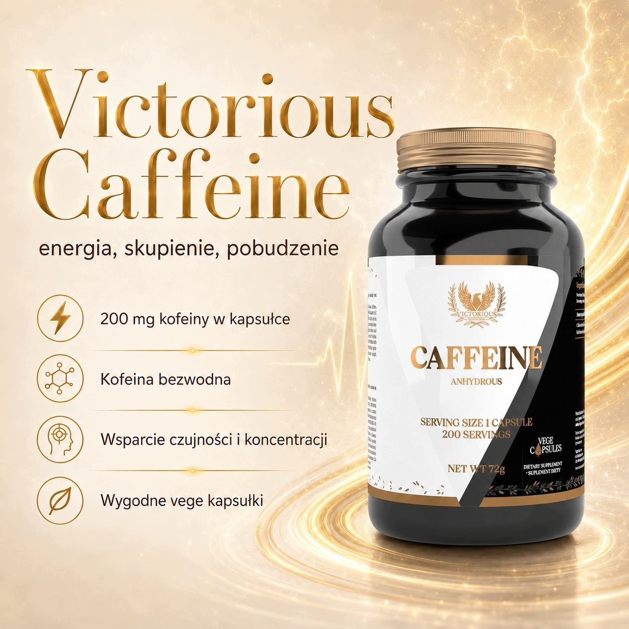 Caffeine 200 capsules 200mg Caffeine Stimulation Energy Focus Victorious Packaging status original