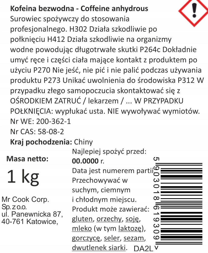 Caffeine Anhydrous 1kg Powder 100% Pure Expiration date at least 1 year from the date of purchase