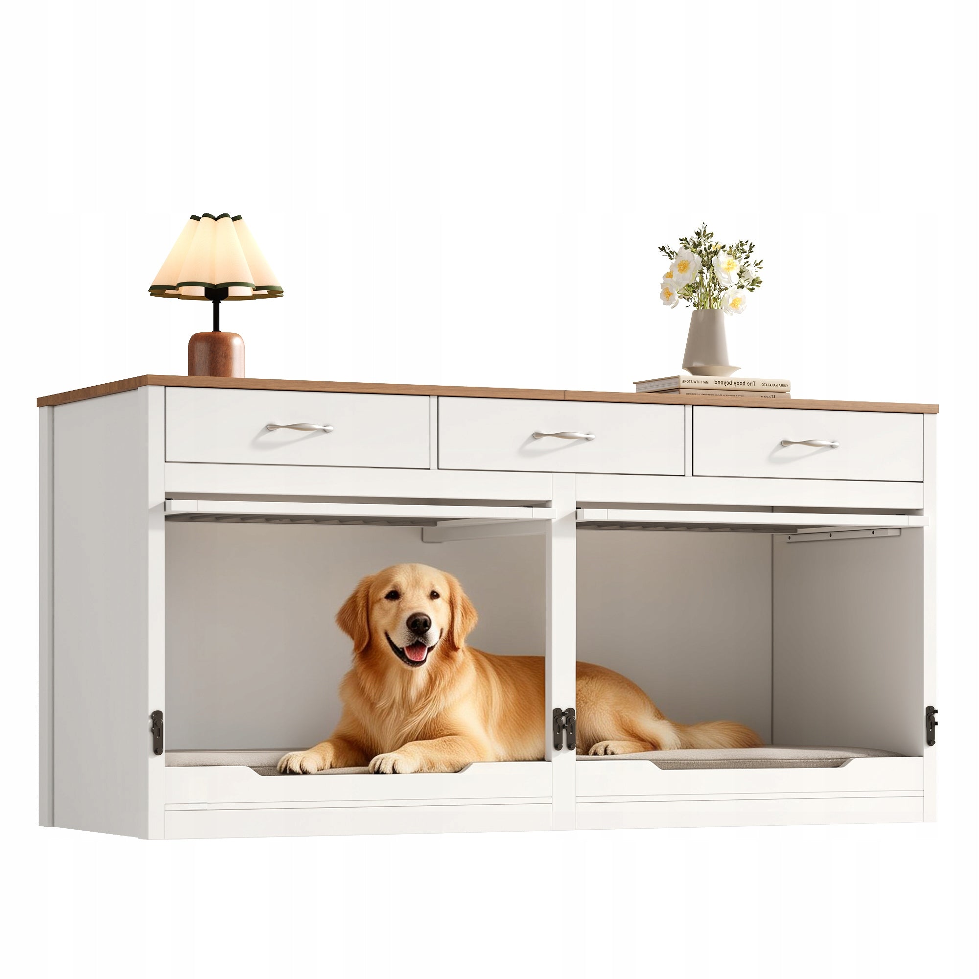 Cage for 2 dogs Cabinet 164×60×81 cm with lockable latch, 3 drawers Additional features with flooring