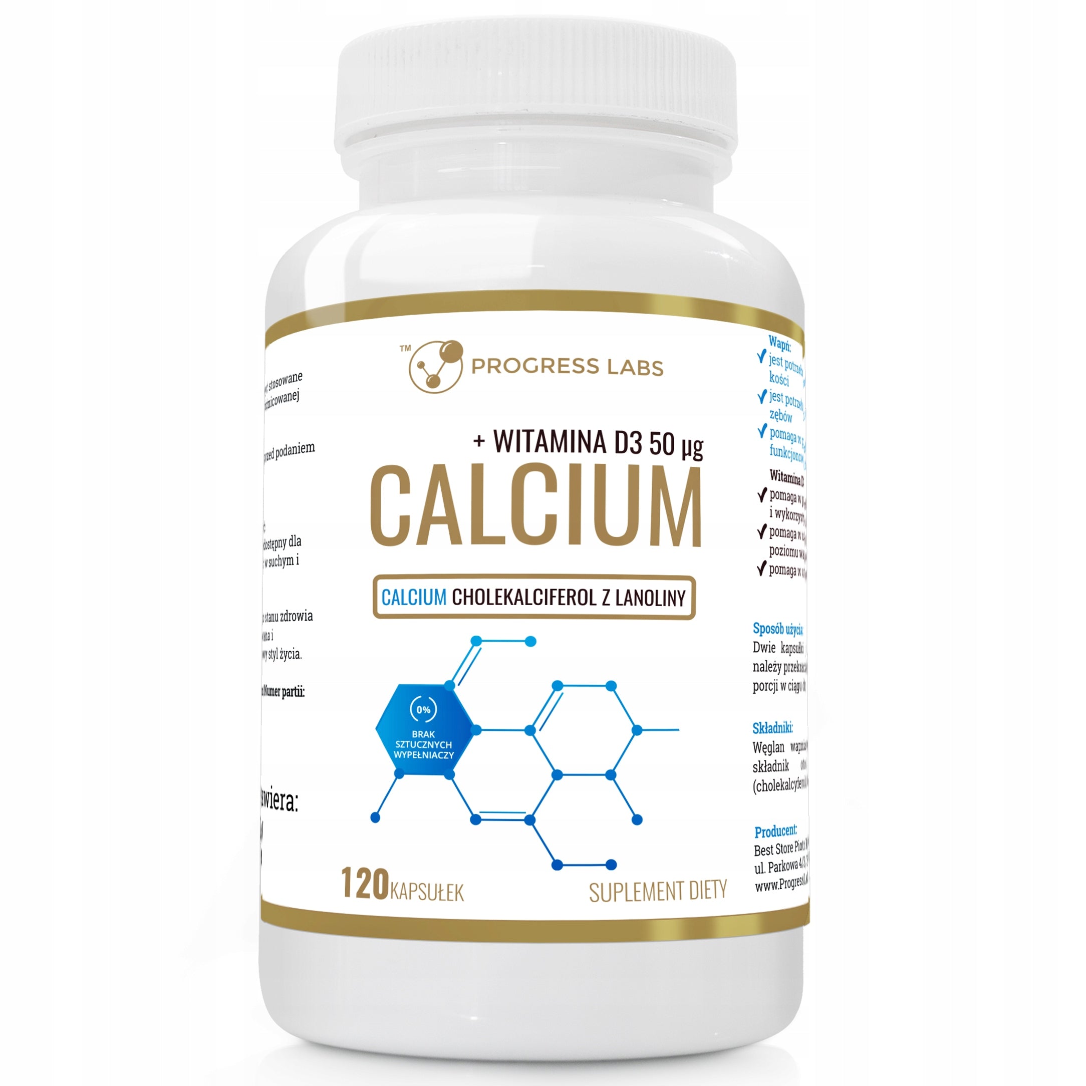 Calcium 1000mg Vitamin D3 2000IU 120caps Strong Muscle Bones Progress Labs