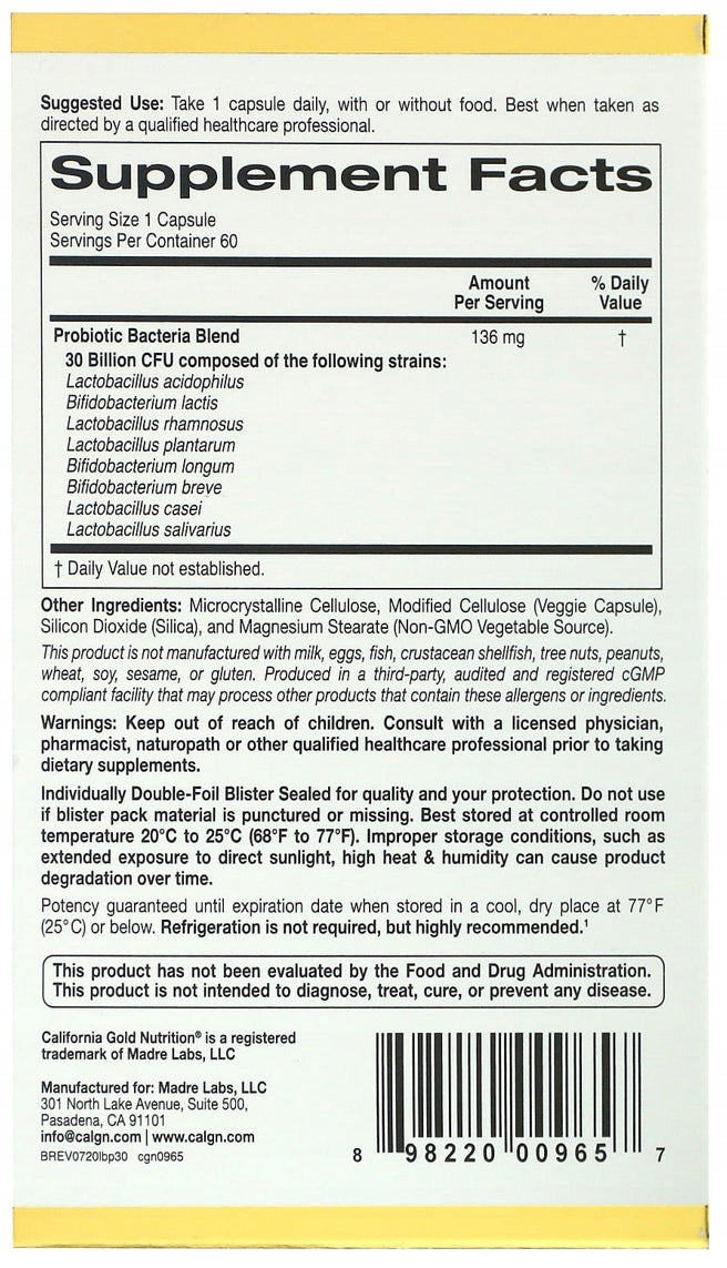 California GOLD LactoBif 30 billion | 60 caps. | 8 PROBIOTIC strains Expiration date not specified