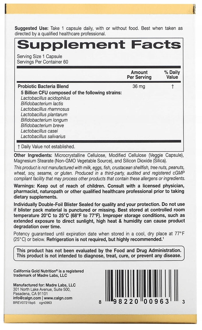 California GOLD LactoBif 5 billion | 60 caps. | gut bacteria | PROBIOTIC Manufacturer code 898220009633