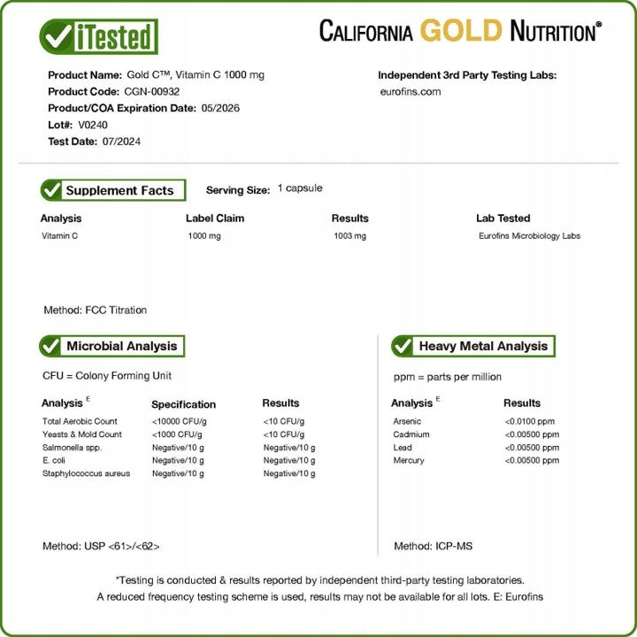 California GOLD - Vitamin Gold C 1000 mg | ascorbic acid | 240 kaps. Manufacturer code 898220009329