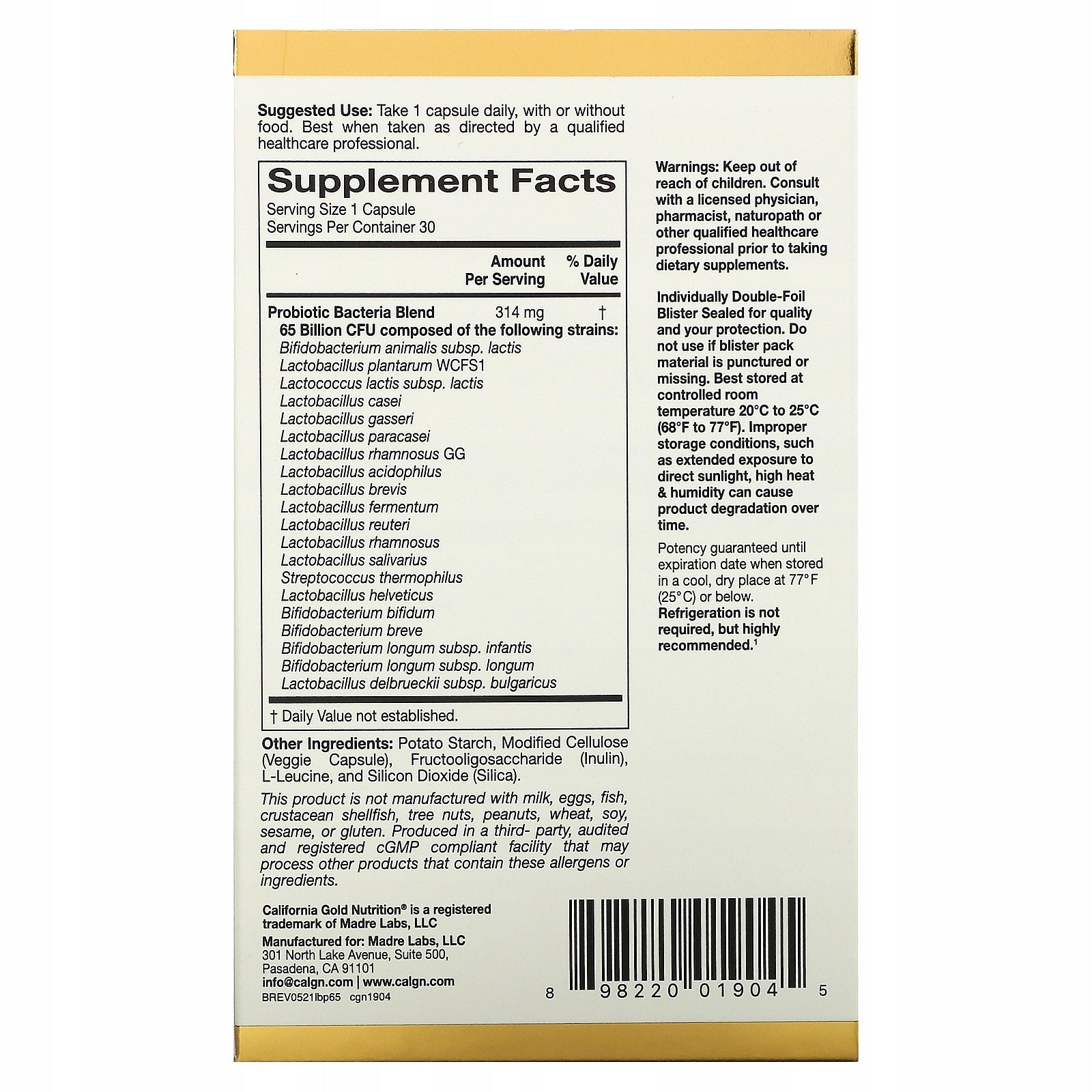 California Gold MOcne Probiotics Lactobif 65 billion 20 strains EAN (GTIN) 0898220019045