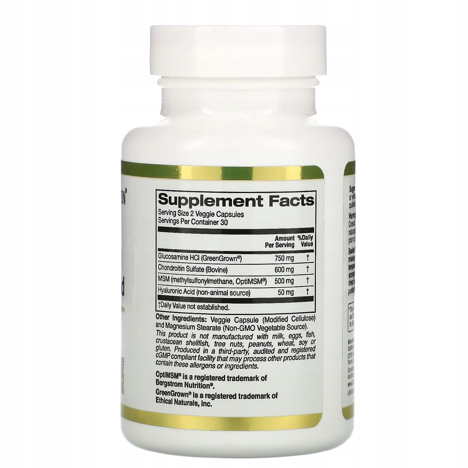 California Gold Nut Chondroitin Glucosamine MSM + Hyaluronic Acid 60vcaps Packaging status original