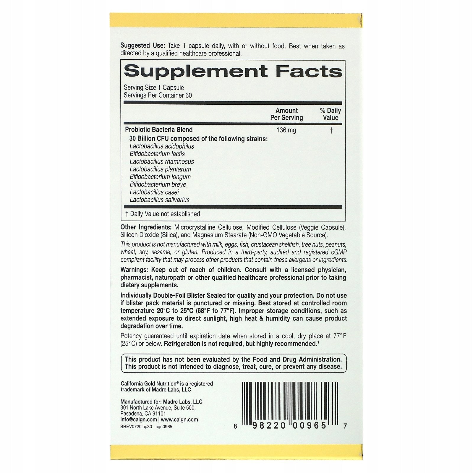 California Gold Nutrition LactoBif 30 kapsułki 60 szt Manufacturer code 898220009657