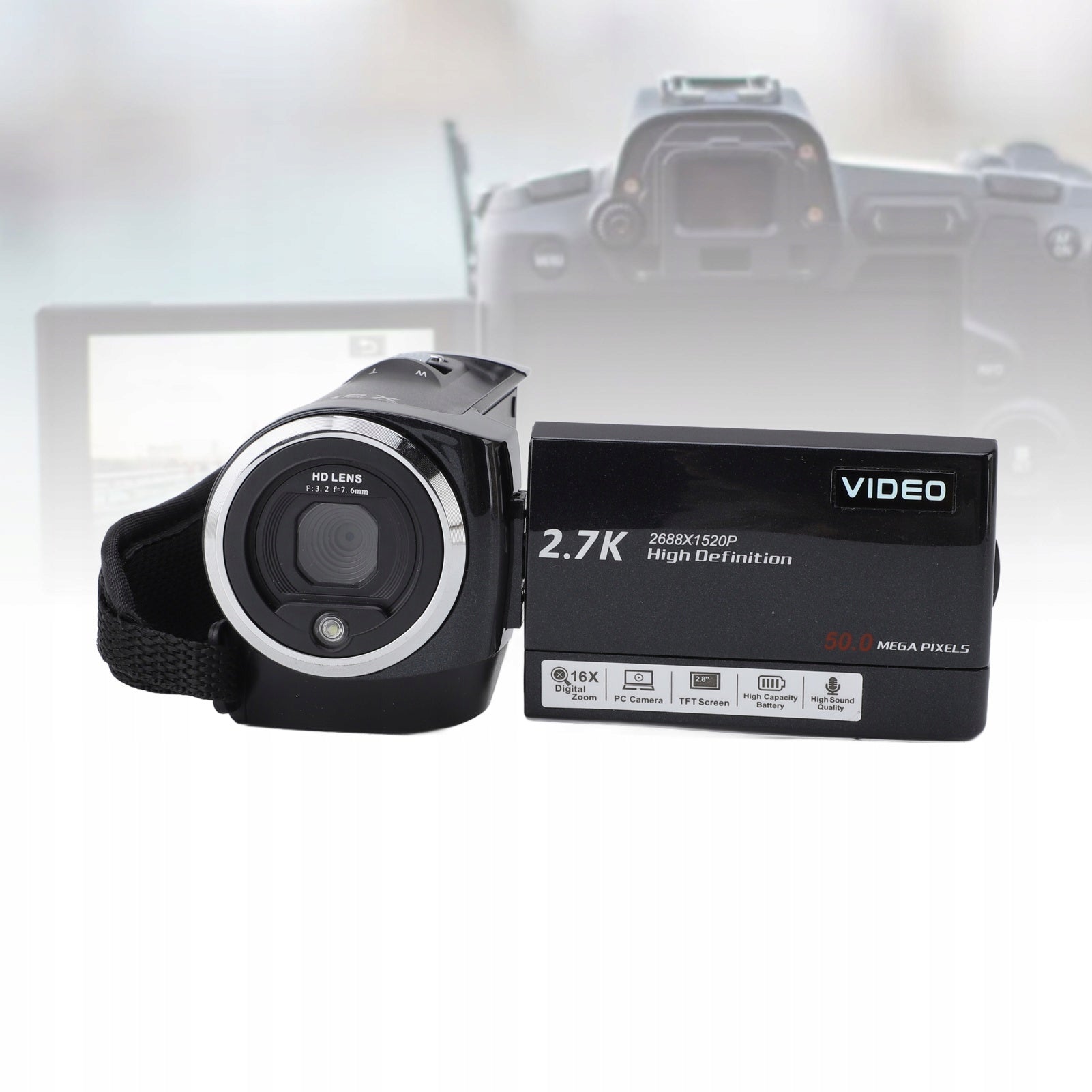 Camera 2,7K Professional Screen 2,8 inch HD 50MP 16x CW Zoom
