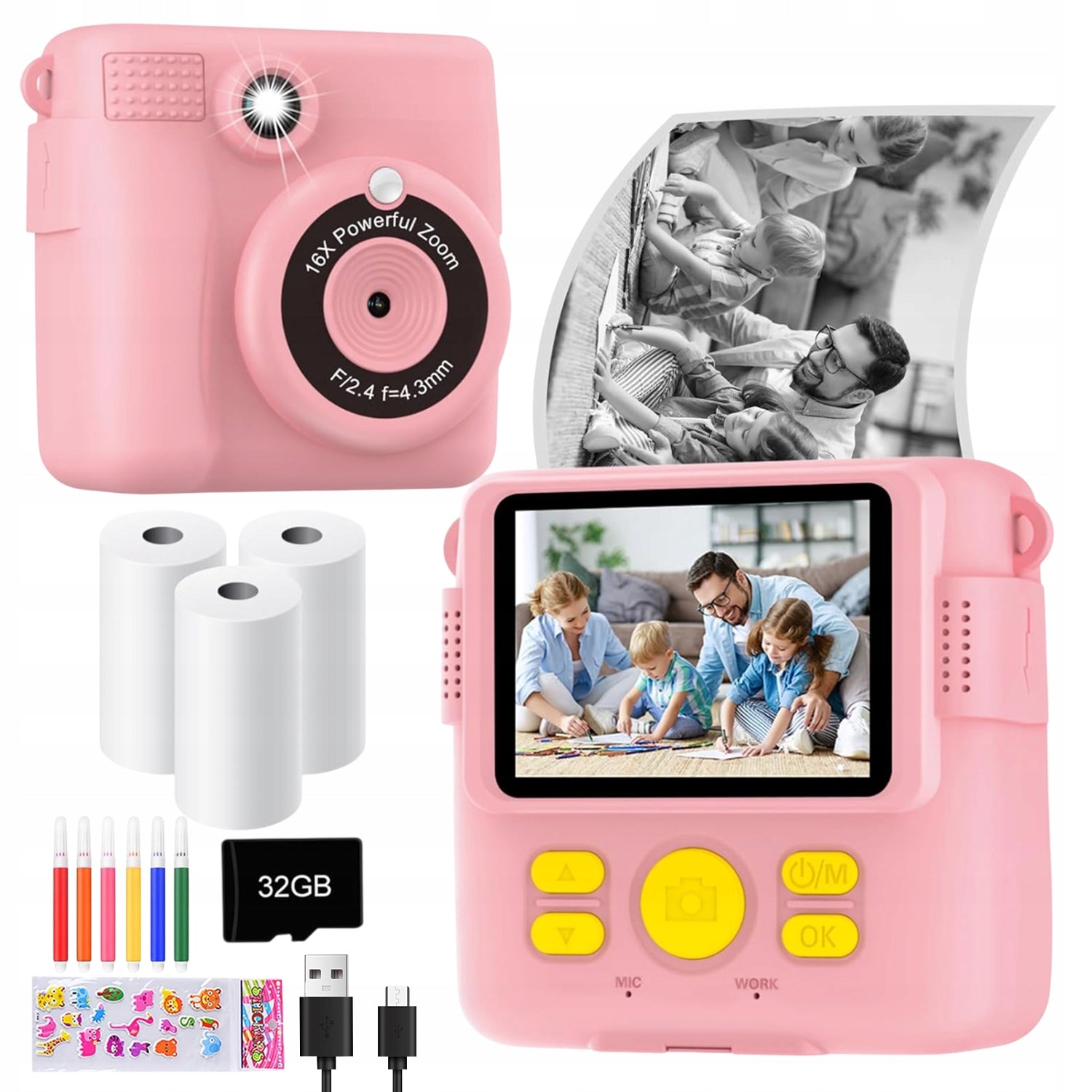 Camera with instant printer pink for children