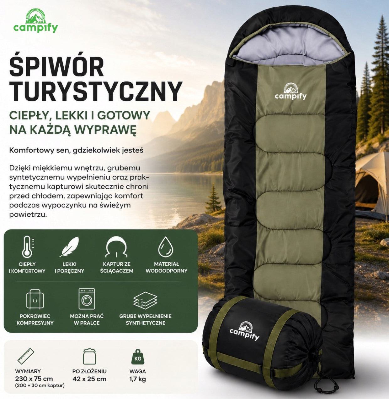 Campify Hiking Sleeping Bag With Hood 2in1 Quilt Warm 400g 230X75 cm Manufacturer code CAM-S01