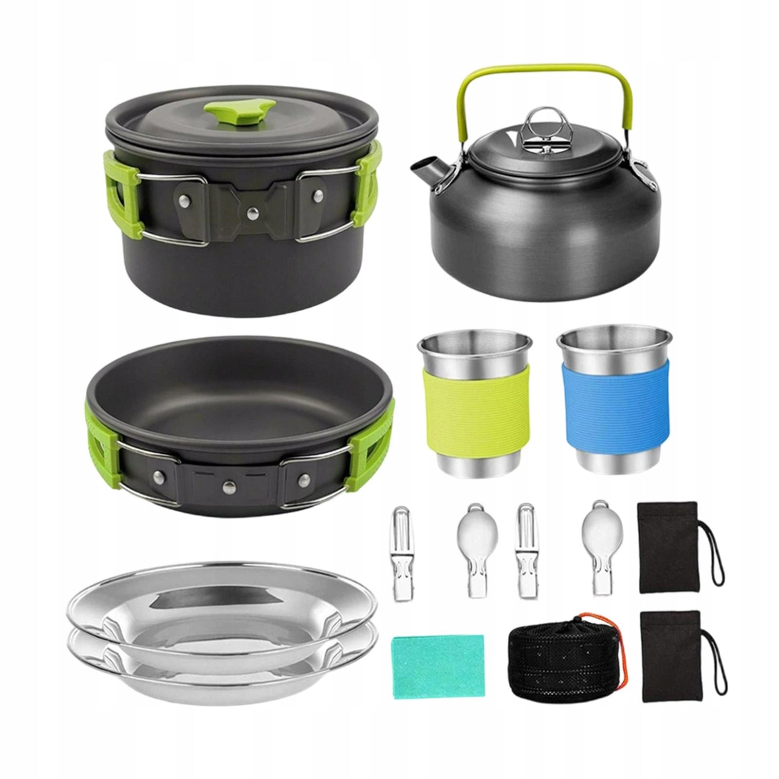 Camping Cookware Kit Ergonomic Pot Frying Pan Kettle for BBQ Picnic green Packaging status original