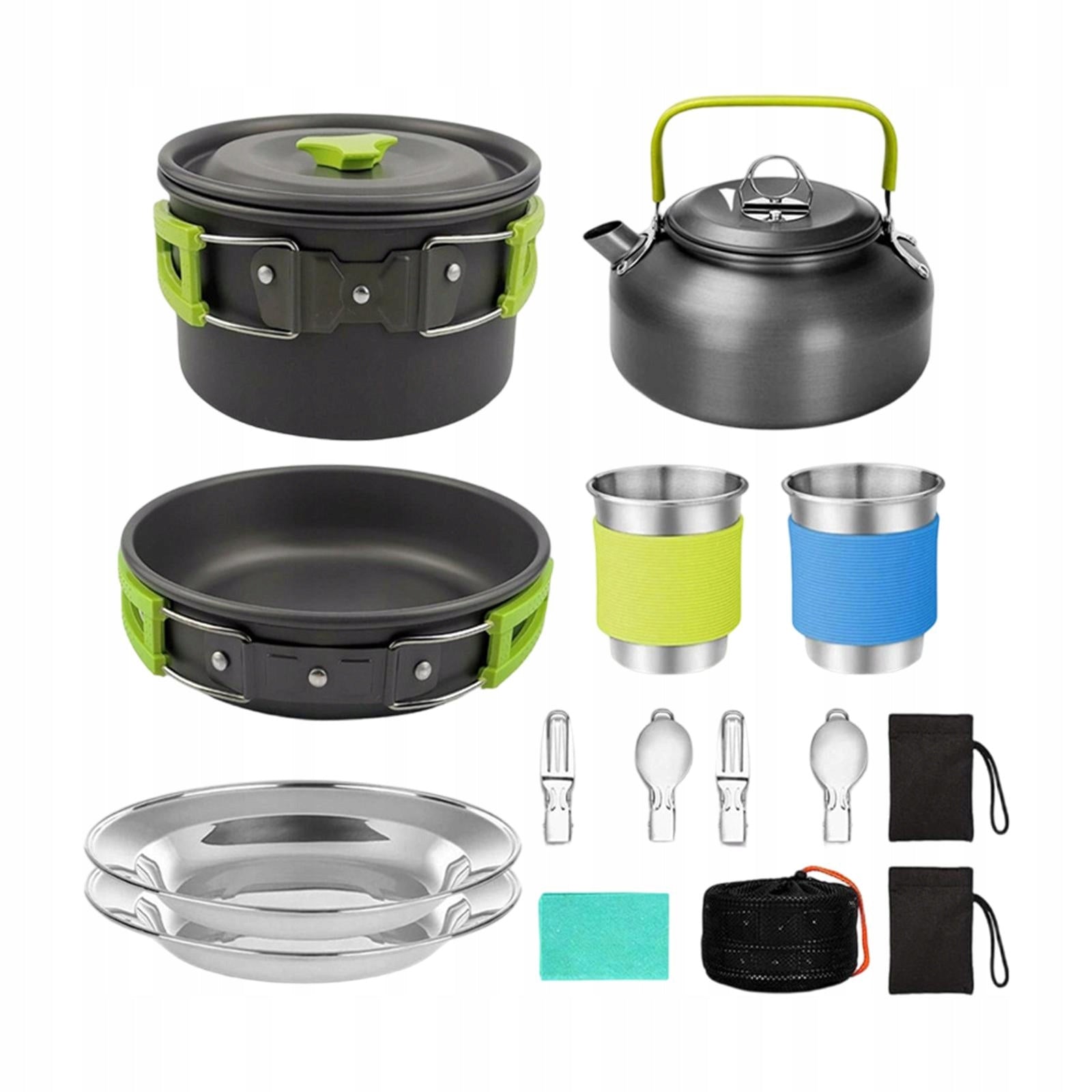 Camping Cookware Kit Ergonomic Pot Frying Pan Kettle for BBQ Picnic green