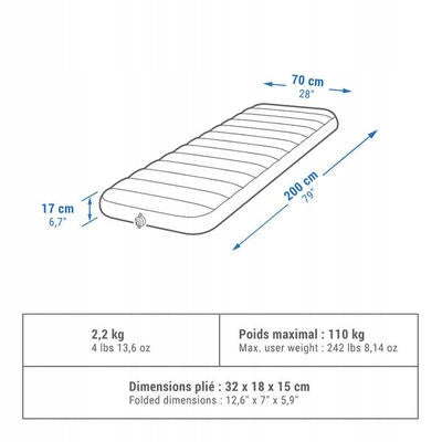 Camping mattress Quechua Air Comfort 70 cm 1-seater Color blue