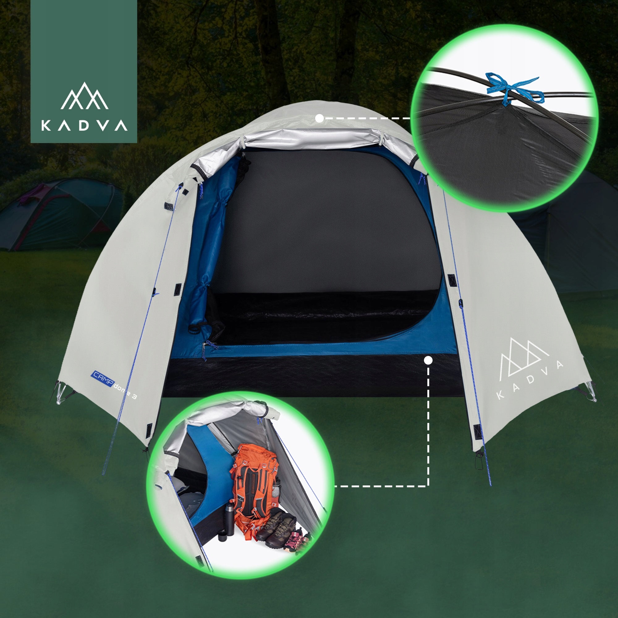 Camping tent 3-person KADVA CAMPdome 3 grey WATERPROOF LIGHTWEIGHT Brand Kadva