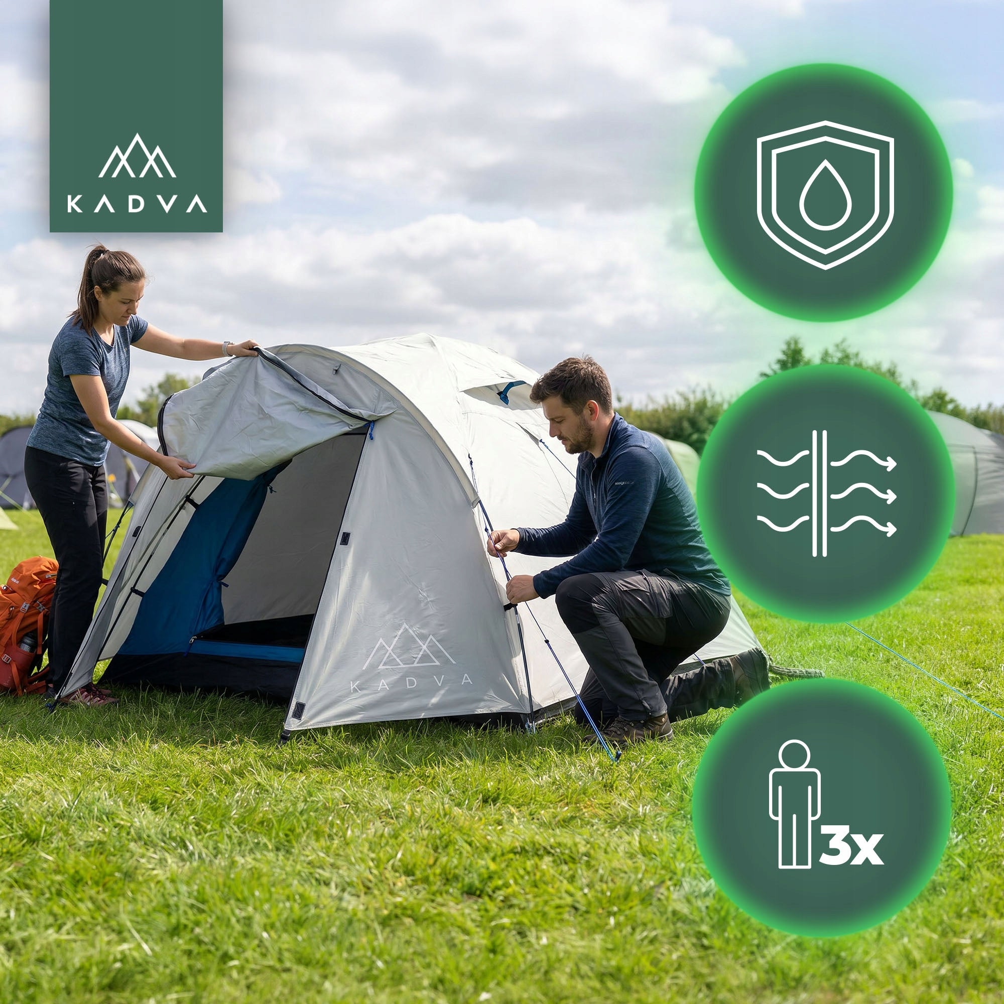 Camping tent 3-person KADVA CAMPdome 3 grey WATERPROOF LIGHTWEIGHT Manufacturer code KDV-B6B002-GY