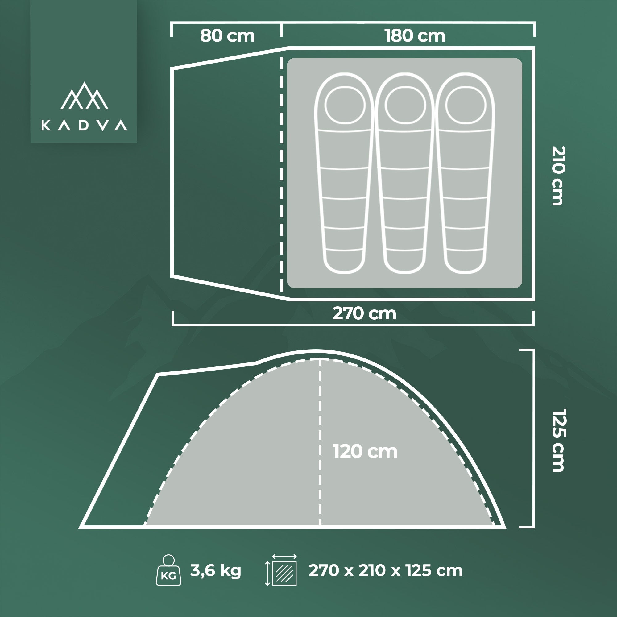 Camping tent 3-person KADVA CAMPdome 3 grey WATERPROOF LIGHTWEIGHT Packaging status original