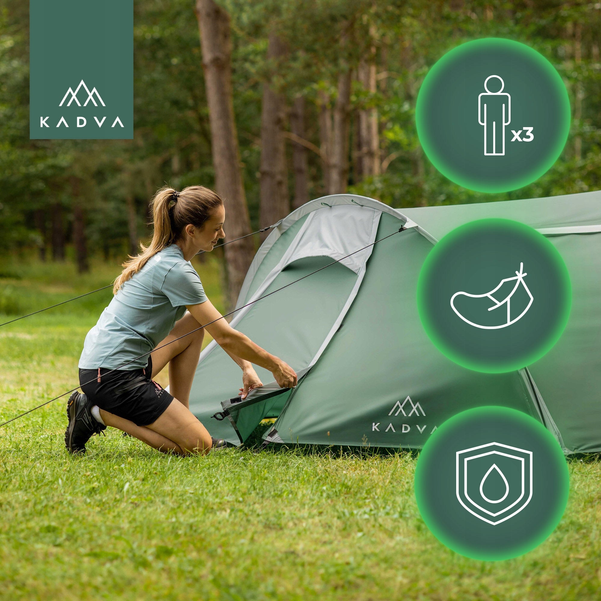 Camping tent 3-person KADVA Kavio 3 green TOURIST WATERPROOF Manufacturer code KDV-B4B213-GR