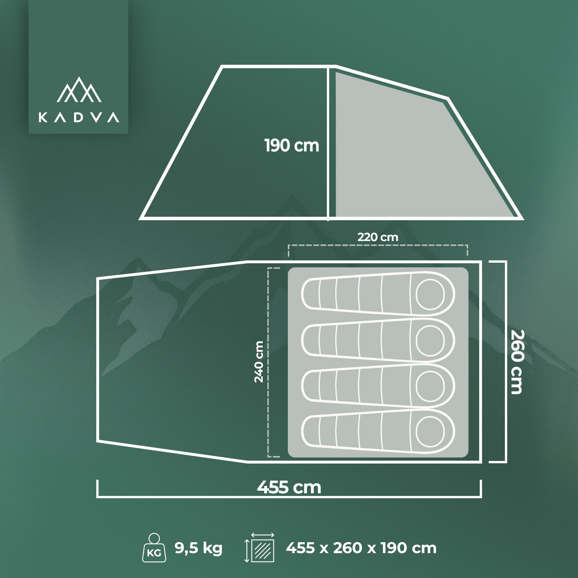 Camping tent 4-person KADVA Kavio 4.1 green OS LIGHTWEIGHT DESIGN Manufacturer code KDV-B4B214-GR