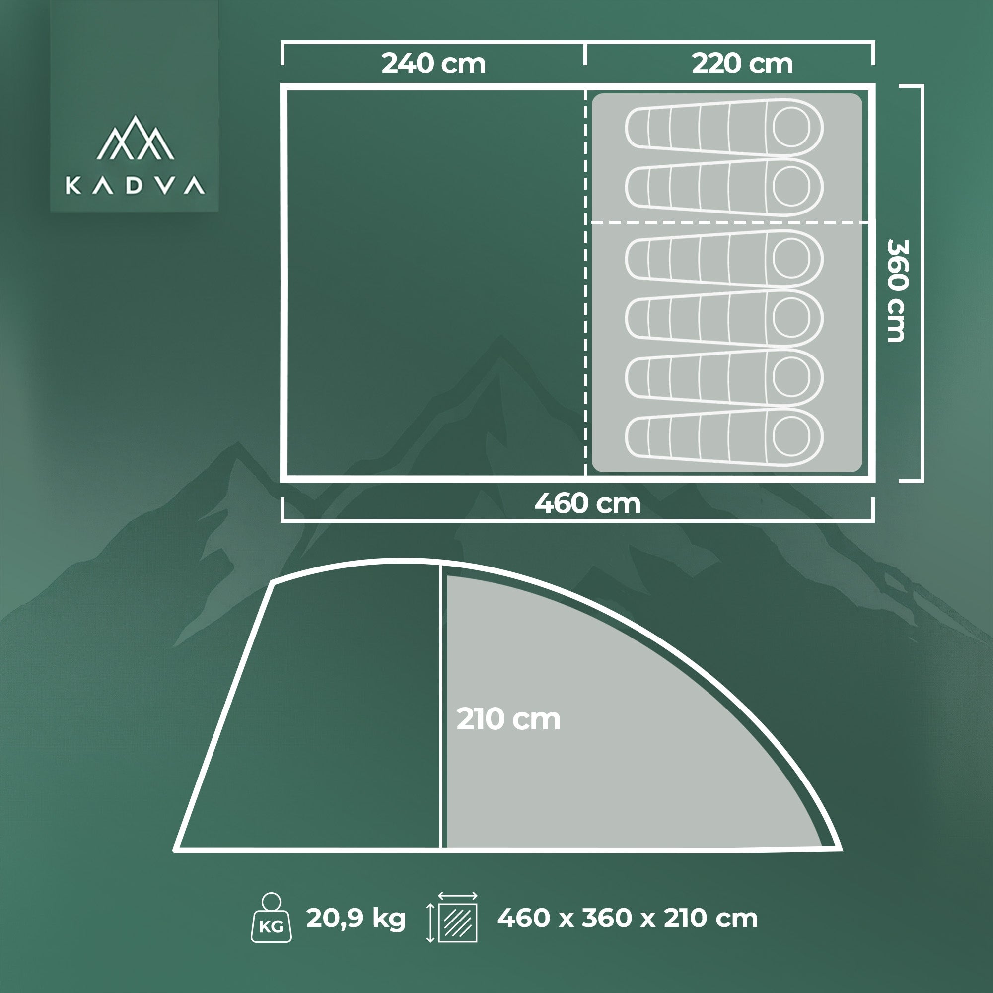 Camping tent 6 persons KADVA AIRcamp 6.24 FAMILY WATERPROOF LARGE Packaging status original