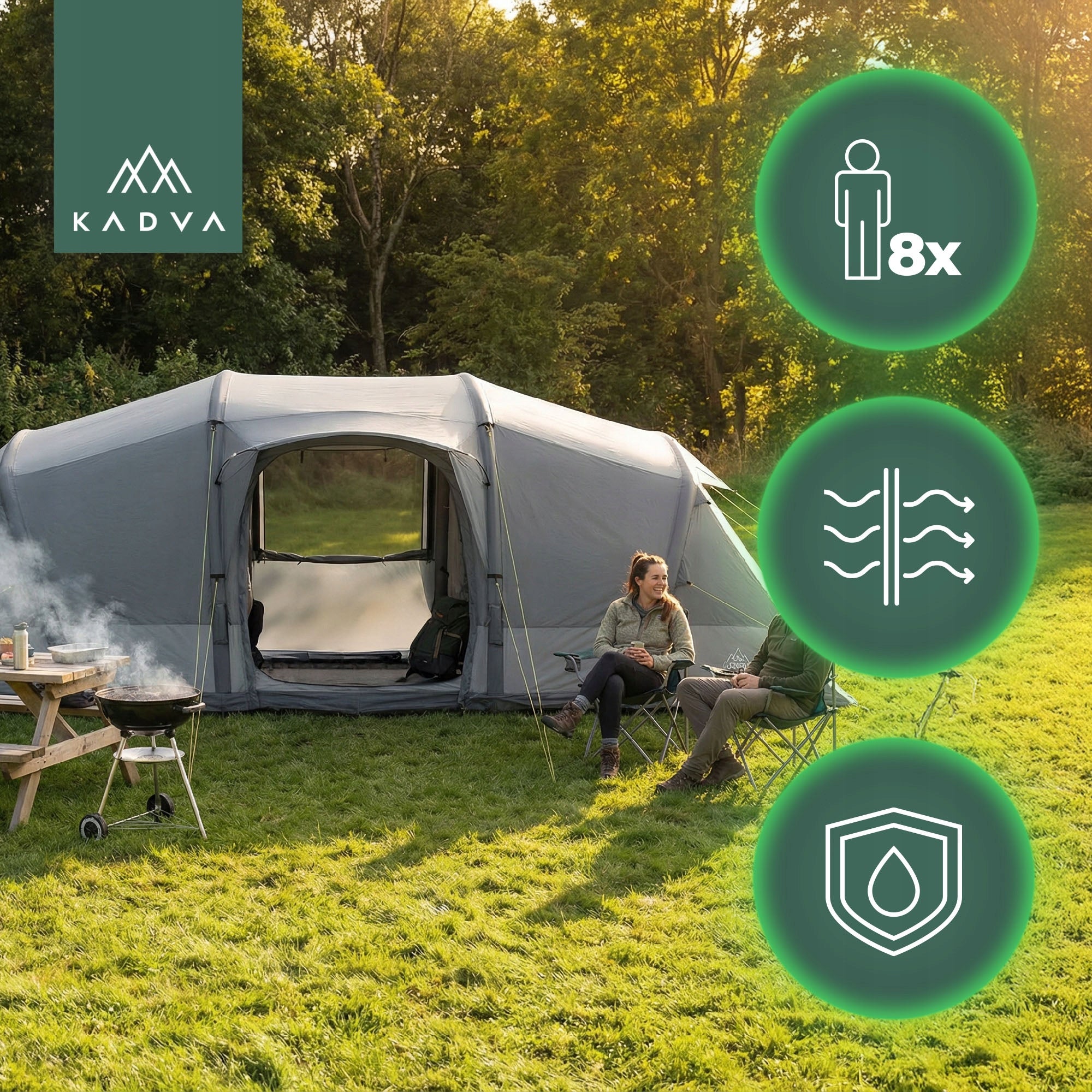 Camping tent 8 persons KADVA AIRcamp 8.44 LARGE WATERPROOF 2 BEDROOMS Manufacturer code KDW-AIR844