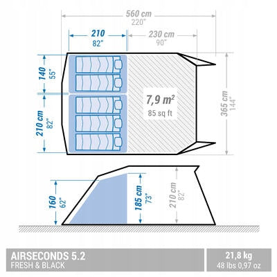 Camping tent inflatable Quechua Air Seconds 5.2 F&B, 5-person 2 bedrooms Packaging status original