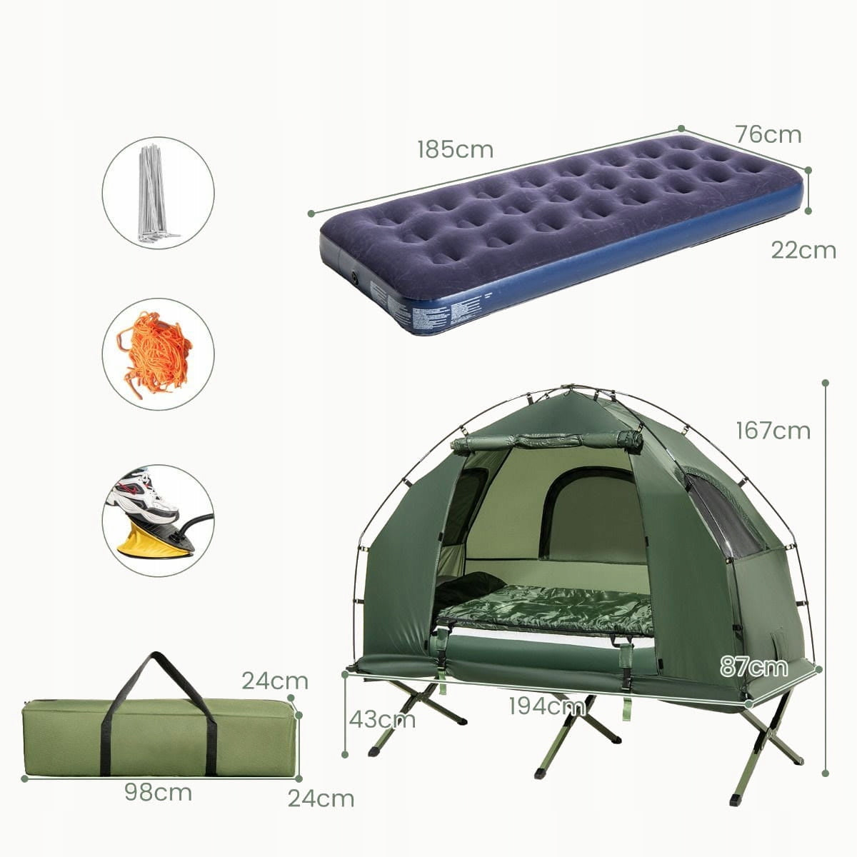 Camping tent with awning and inflatable mattress and sleeping bag and pillow Manufacturer code NP11510