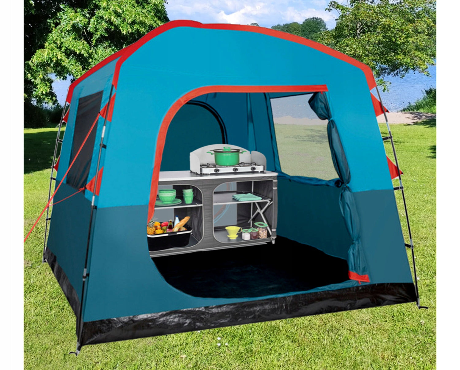 Camping vestibule, high TENT, extra camper trailer, 2.5m, 6-person Color blue