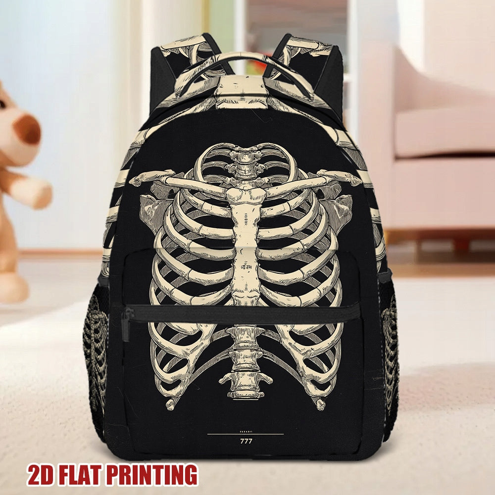 Campus Travel Commute Backpack - Black & White Skeleton Ribcage Illustration