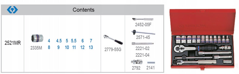 Caps 1/4 Ratchet Extension 4-13mm 6 Angle SET KING TONY 2521MR Manufacturer code 2521MR