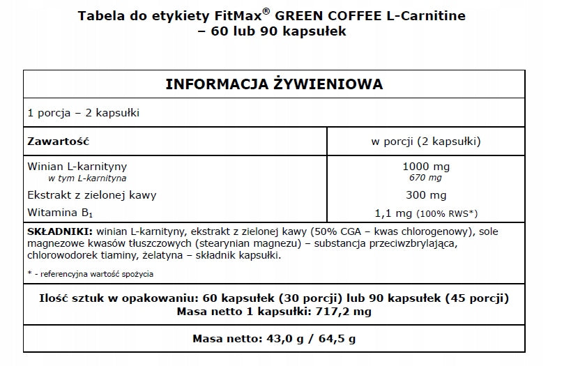 Capsules FitMax Green Coffee L-Carnitine natural taste 76 g 60 pcs. Expiration date at least six months from the date of purchase