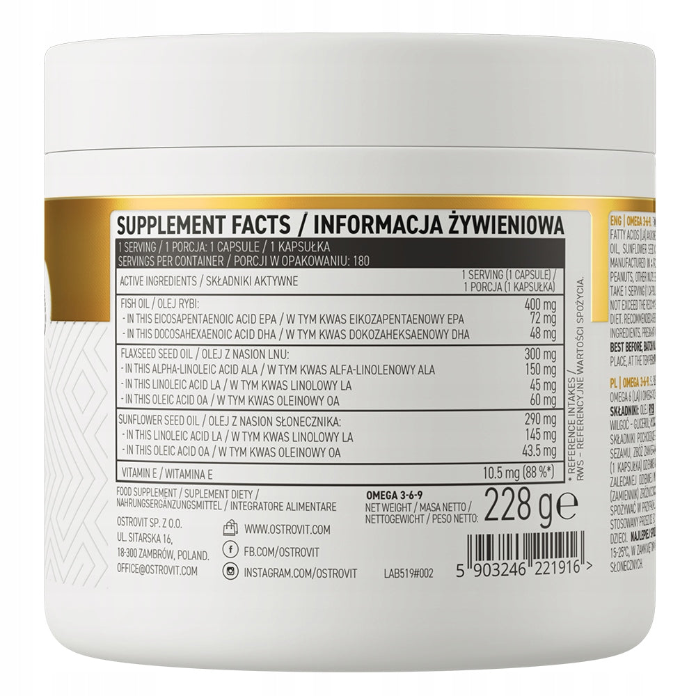 Capsules OstroVit Omega 3-6-9 180caps FATTY ACIDS Fish Oil Vitamin E Packaging status original