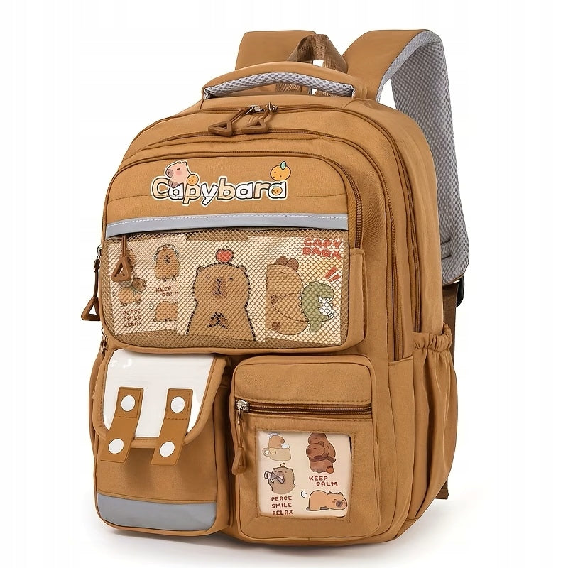 Capybara School Backpack Large Spacious Youth Laptop Trips Brown Brand Derform