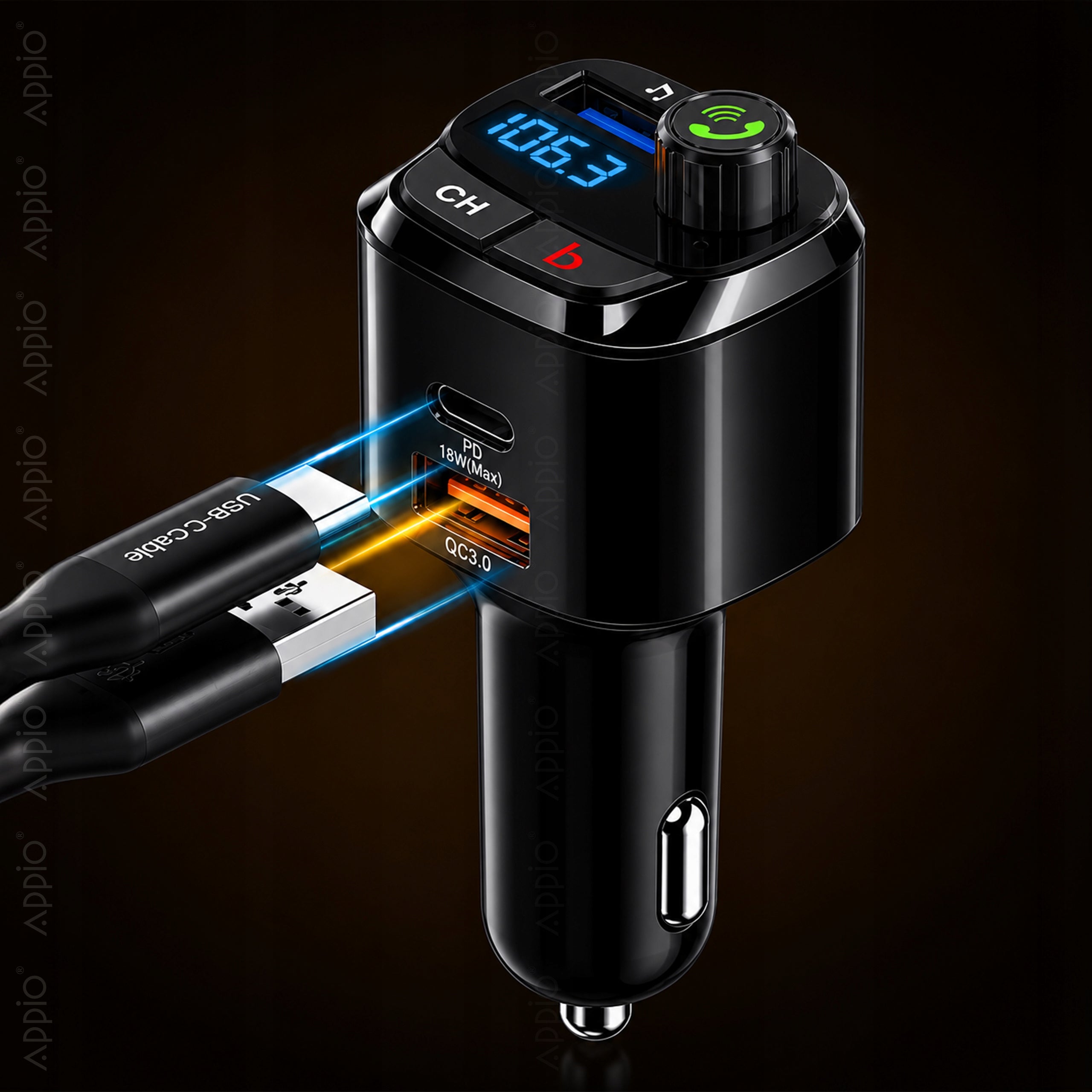 Car Bluetooth FM MP3 Transmitter Fast Charger 2x USB + USB-C QC Manufacturer code 0169