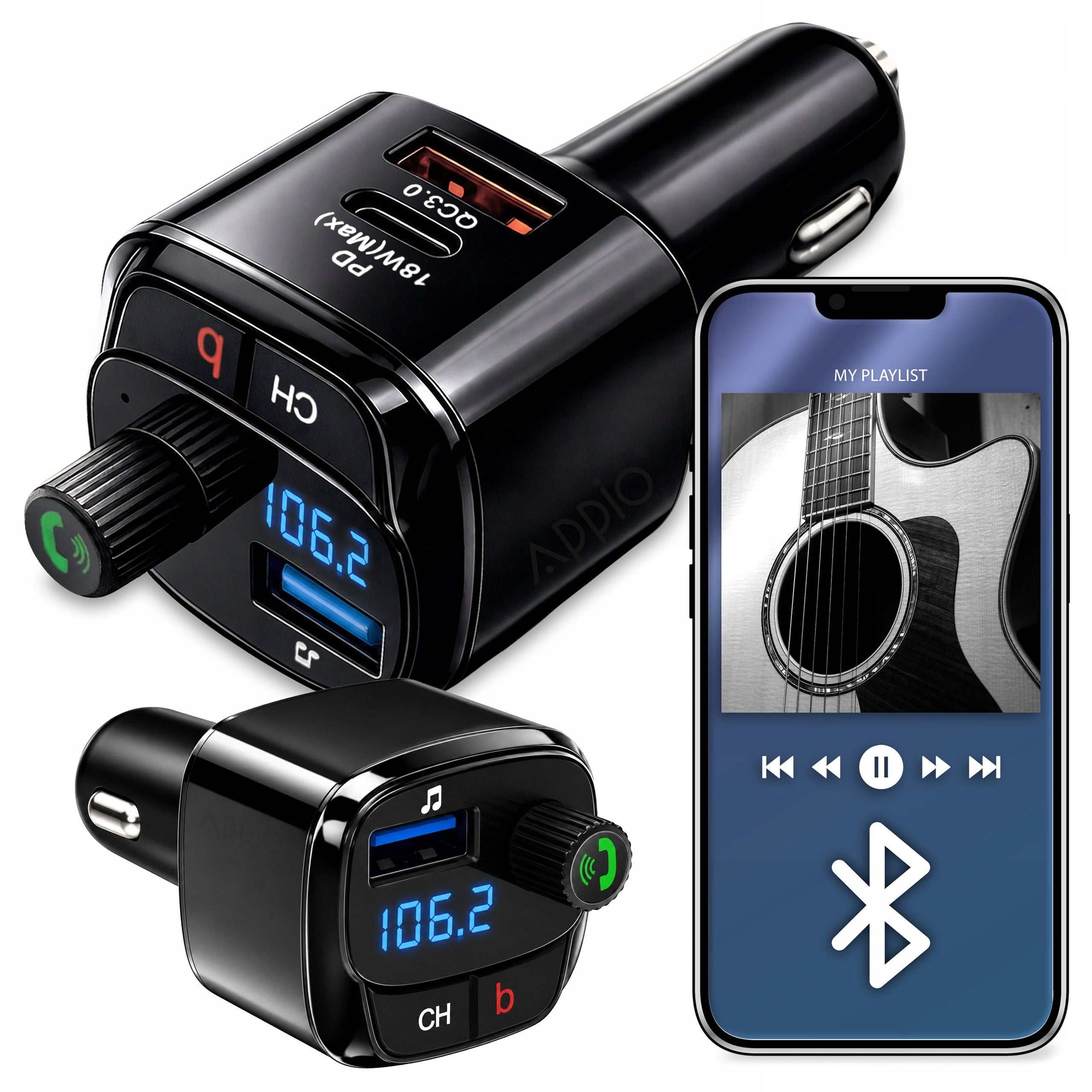 Car Bluetooth FM MP3 Transmitter Fast Charger 2x USB + USB-C QC