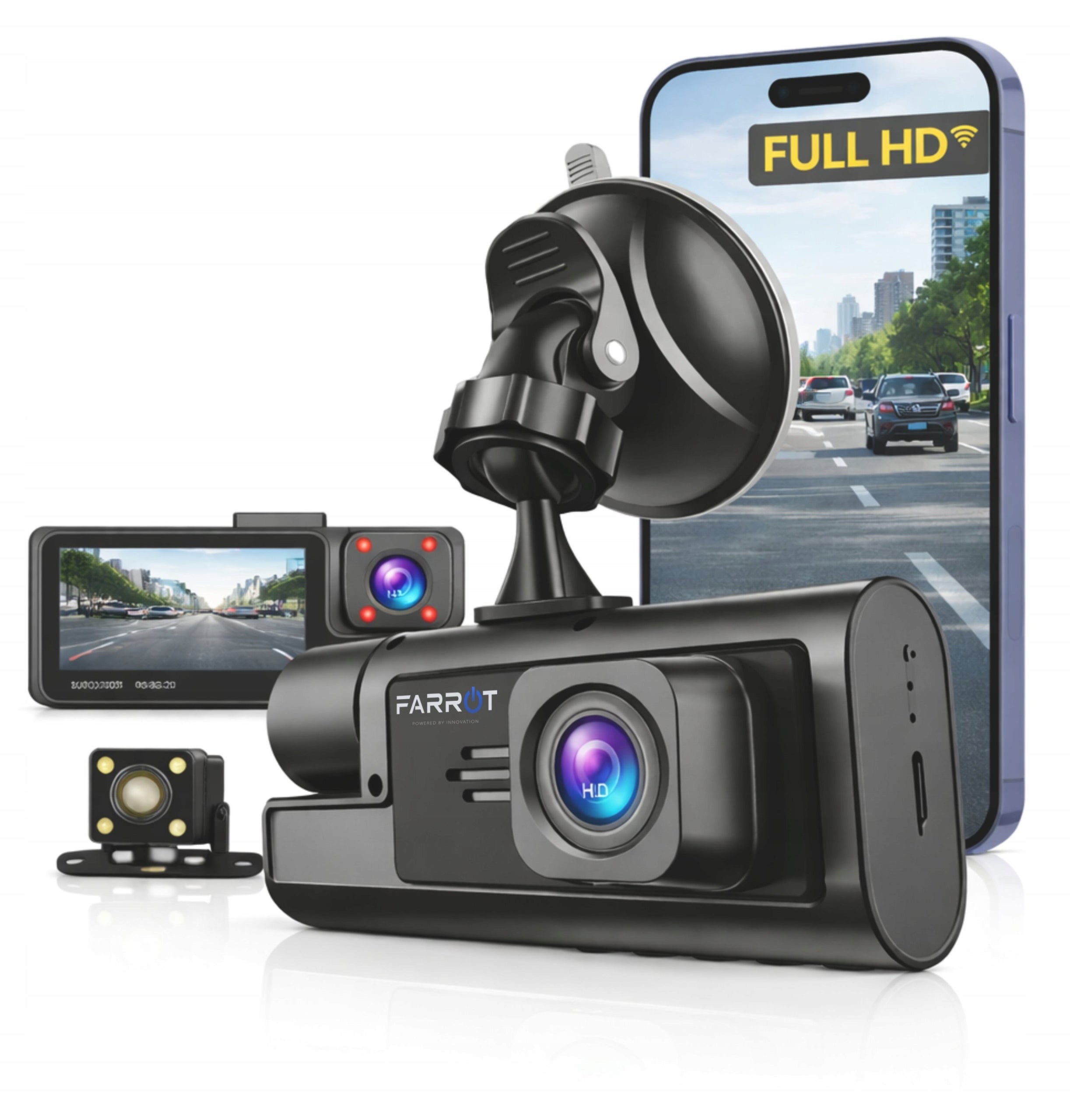 Car Camera 3-Channel WiFi Full HD Front Rear Interior