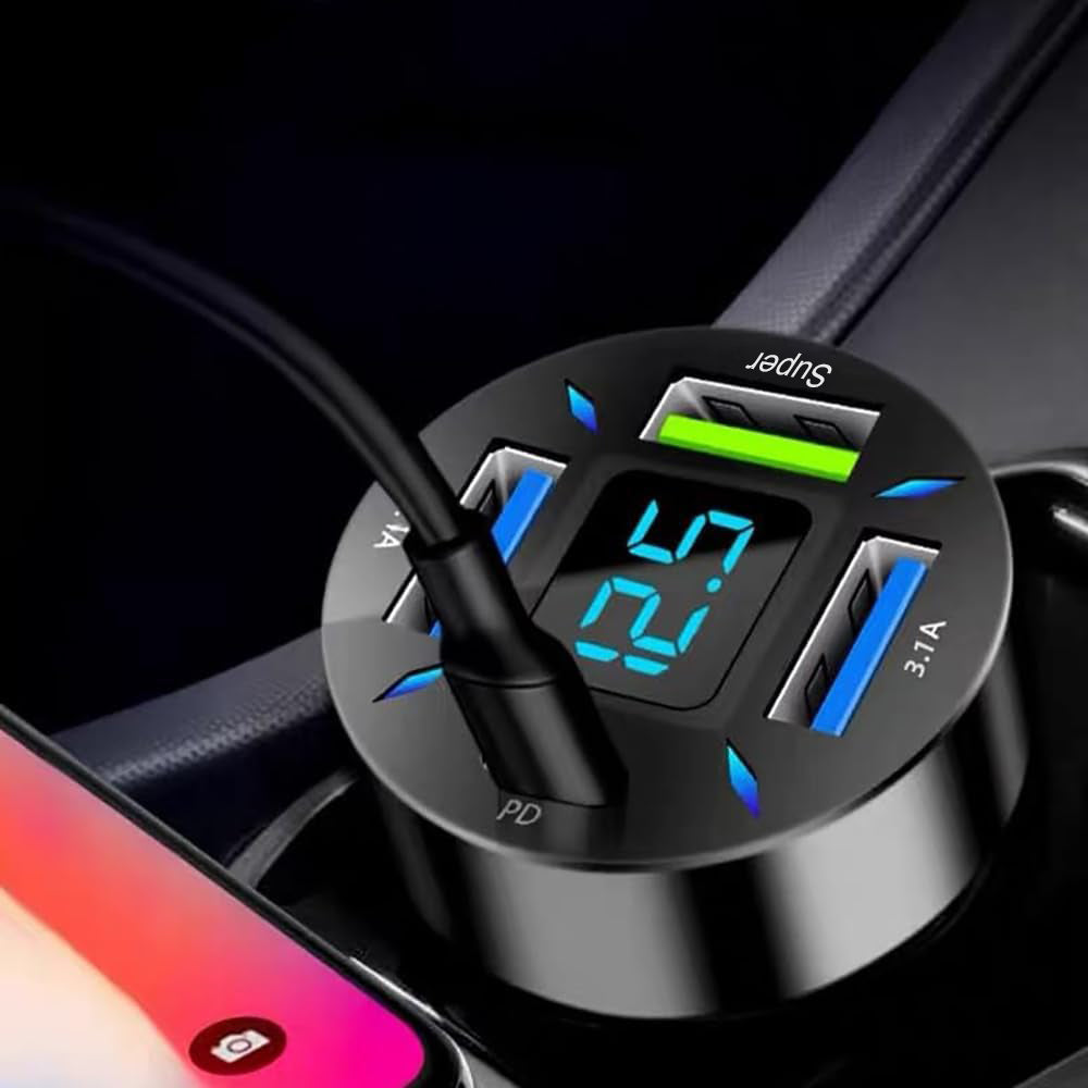 Car Charger FAST 4x USB PD QC3.0 USB C 66W Phone Voltmeter Manufacturer LUNESO
