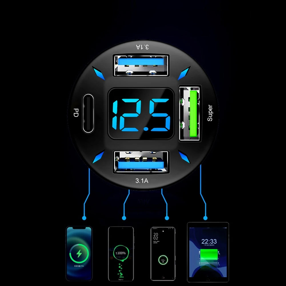Car Charger FAST 4x USB PD QC3.0 USB C 66W Phone Voltmeter Packaging status original