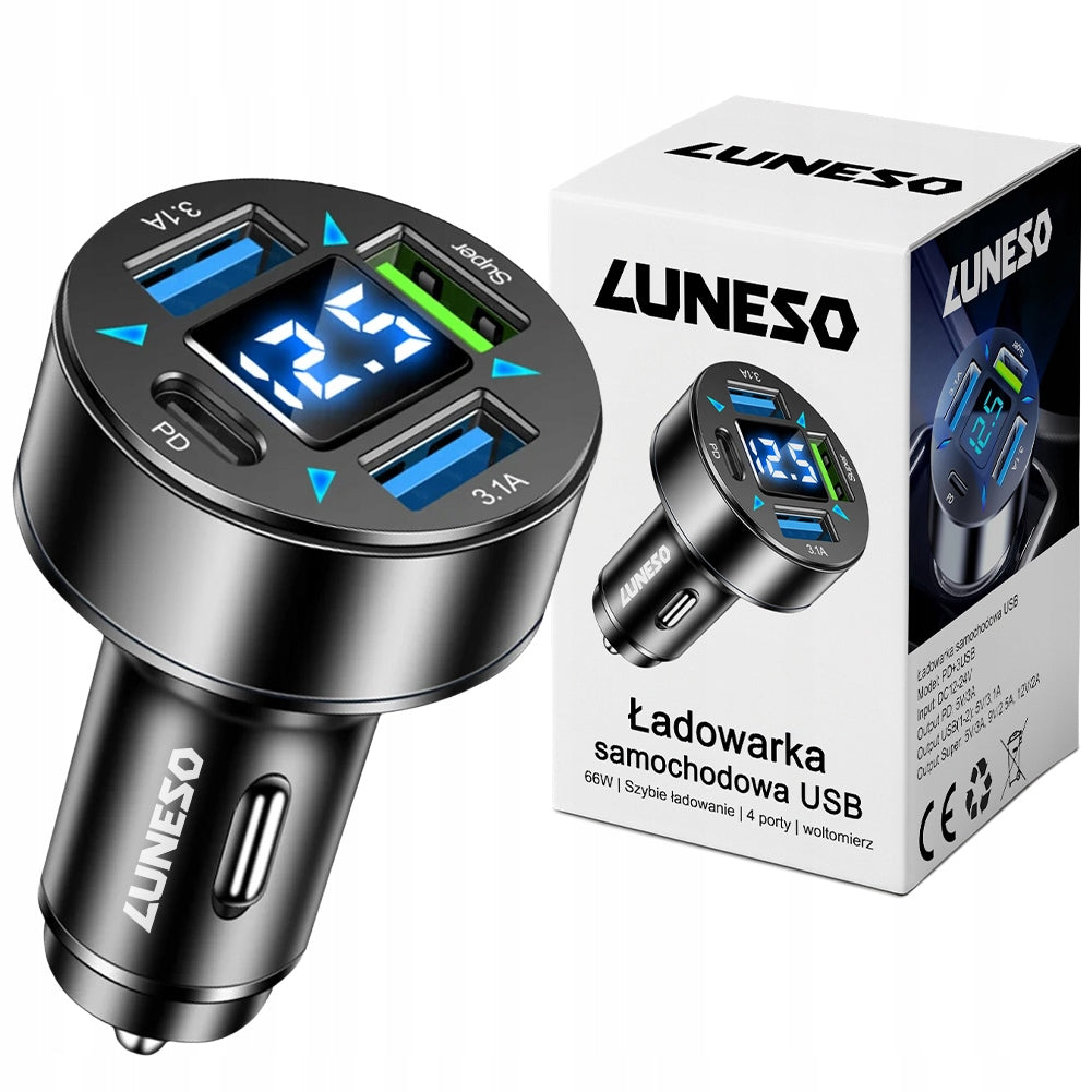 Car Charger FAST 4x USB PD QC3.0 USB C 66W Phone Voltmeter