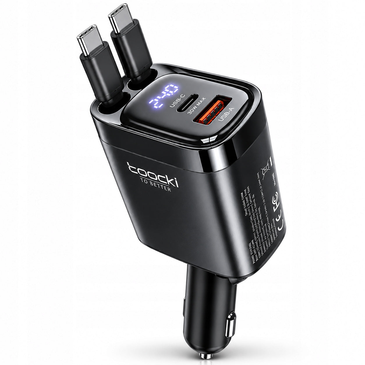 Car Charger Fast USB-C USB-A 2x Retractable USB-C Cable 75 cm 105W