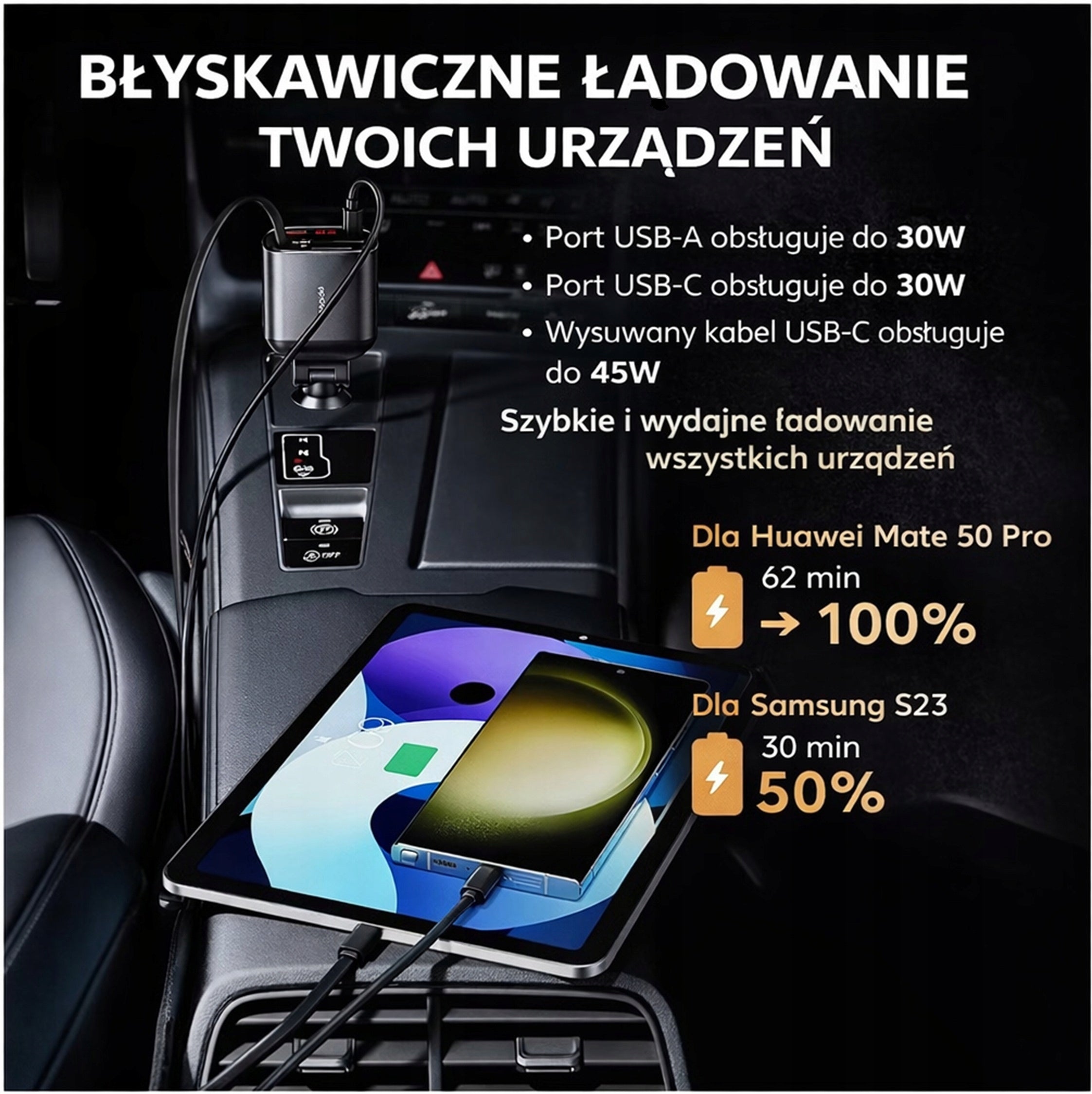 Car Charger Fast USB-C USB-A Lightning 105W Retractable Cable 80cm Manufacturer code TQ-CC38