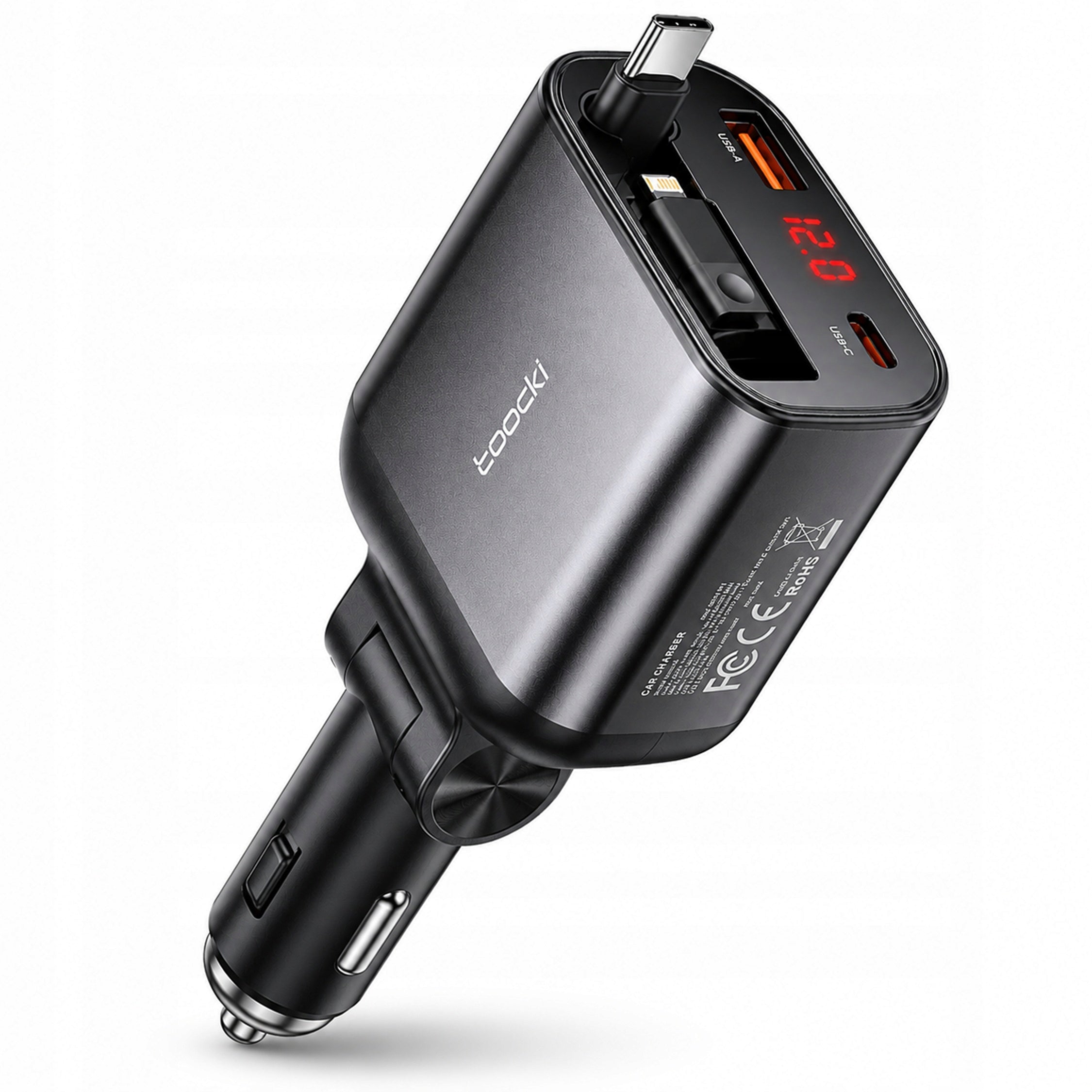 Car Charger Fast USB-C USB-A Lightning 105W Retractable Cable 80cm