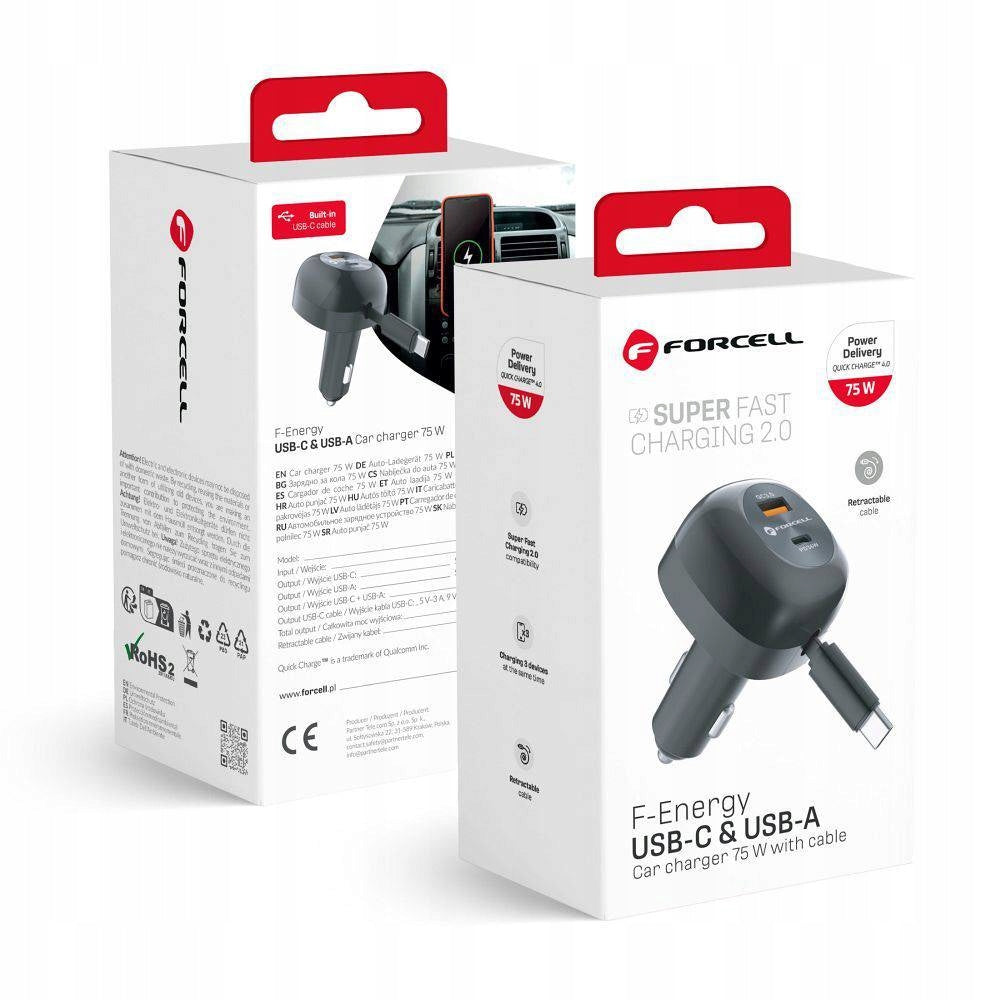 Car Charger Forcell F-Energy Alu Usb C + Usb A + Retractable Cable