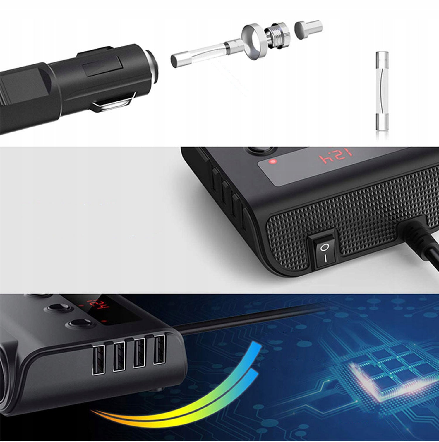 Car Cigarette Lighter Socket Splitter 12-24V 4x USB 3.0QC Voltmeter Packaging status original