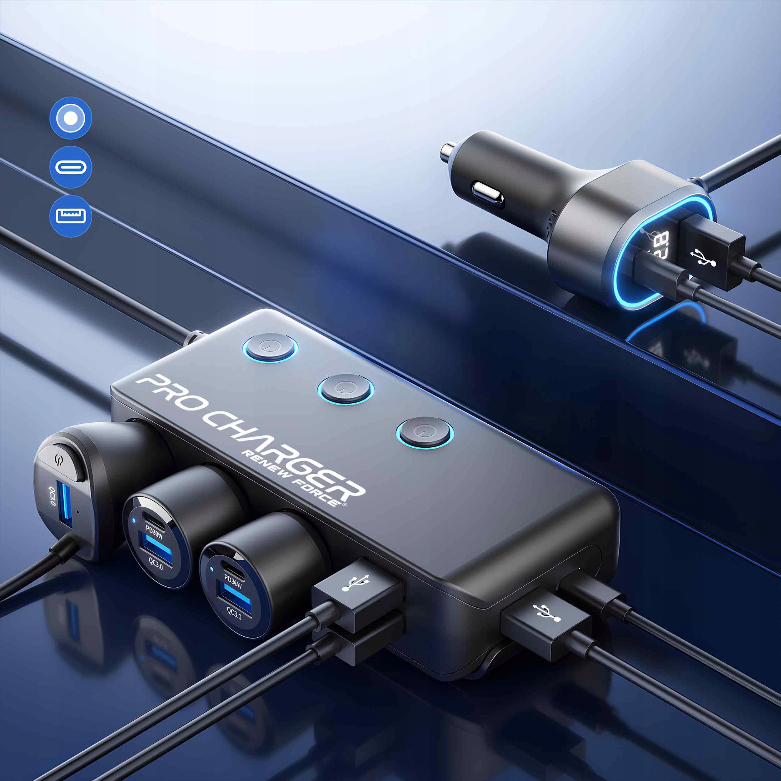 Car Cigarette Lighter Socket Splitter 12-24V 4xUSB 3.0QC 2xUSB-C 216W Manufacturer Renew Force
