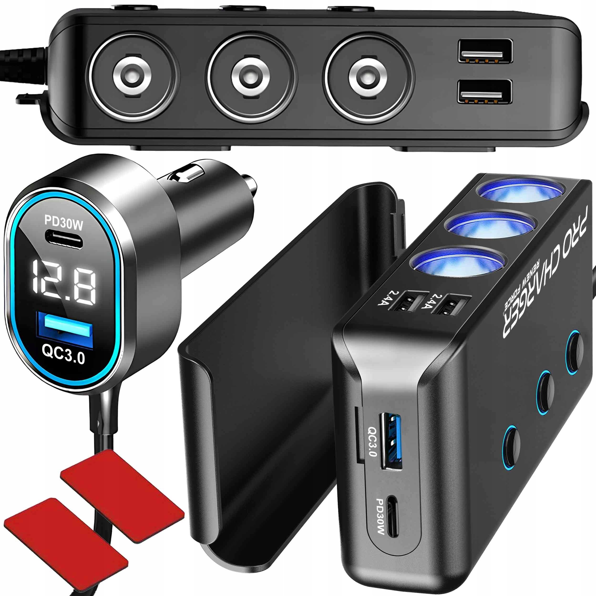Car Cigarette Lighter Socket Splitter 12-24V 4xUSB 3.0QC 2xUSB-C 216W