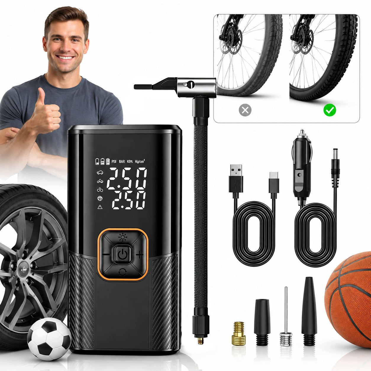 Car Compressor, 9000mAh Wireless Electric Pump