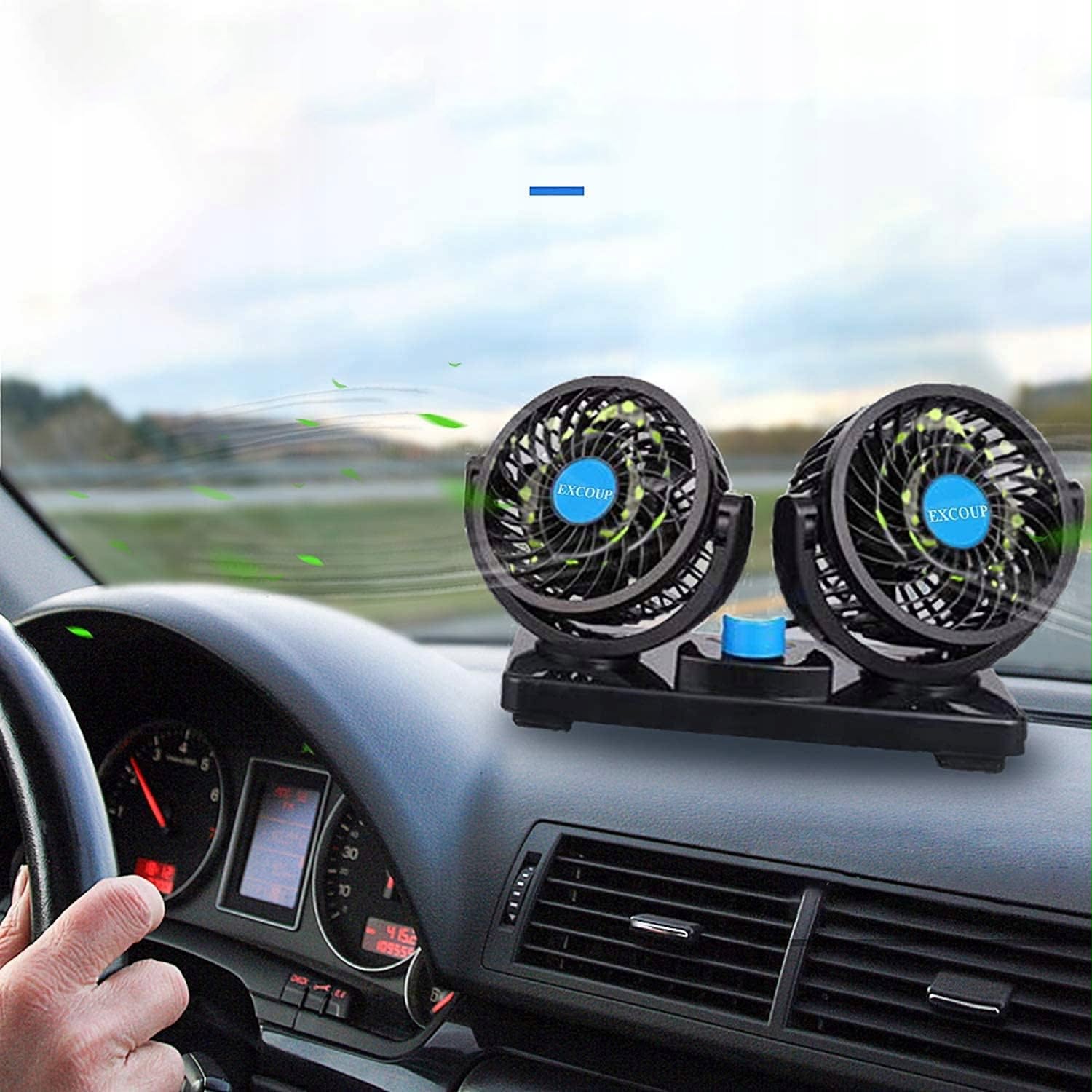 Car Fan Cigarette Lighter Fan Adjustable 360° Dual 2in1 Dominant color black