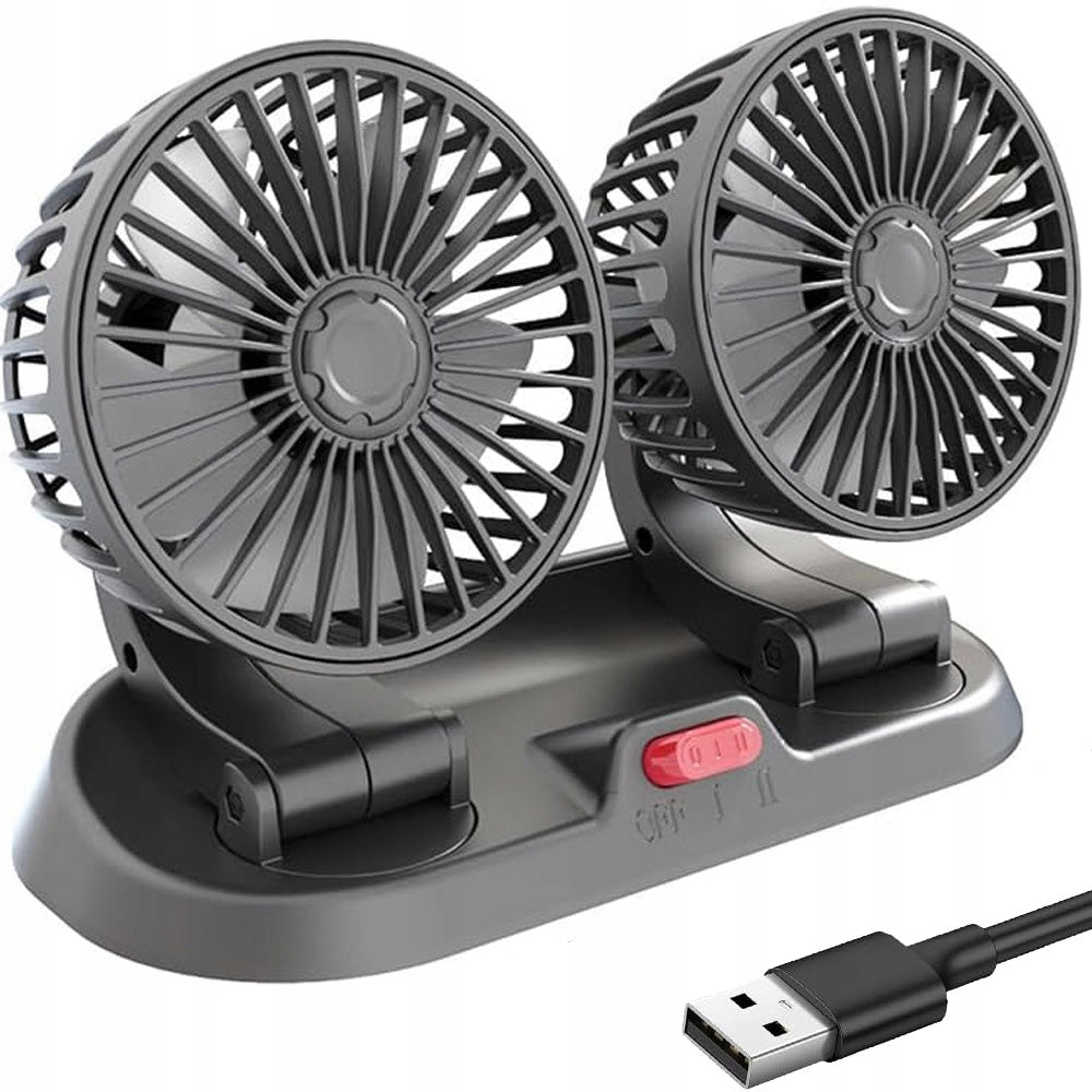 Car Fan Dual Windmill USB Adjustable 12V/24V Quiet Black