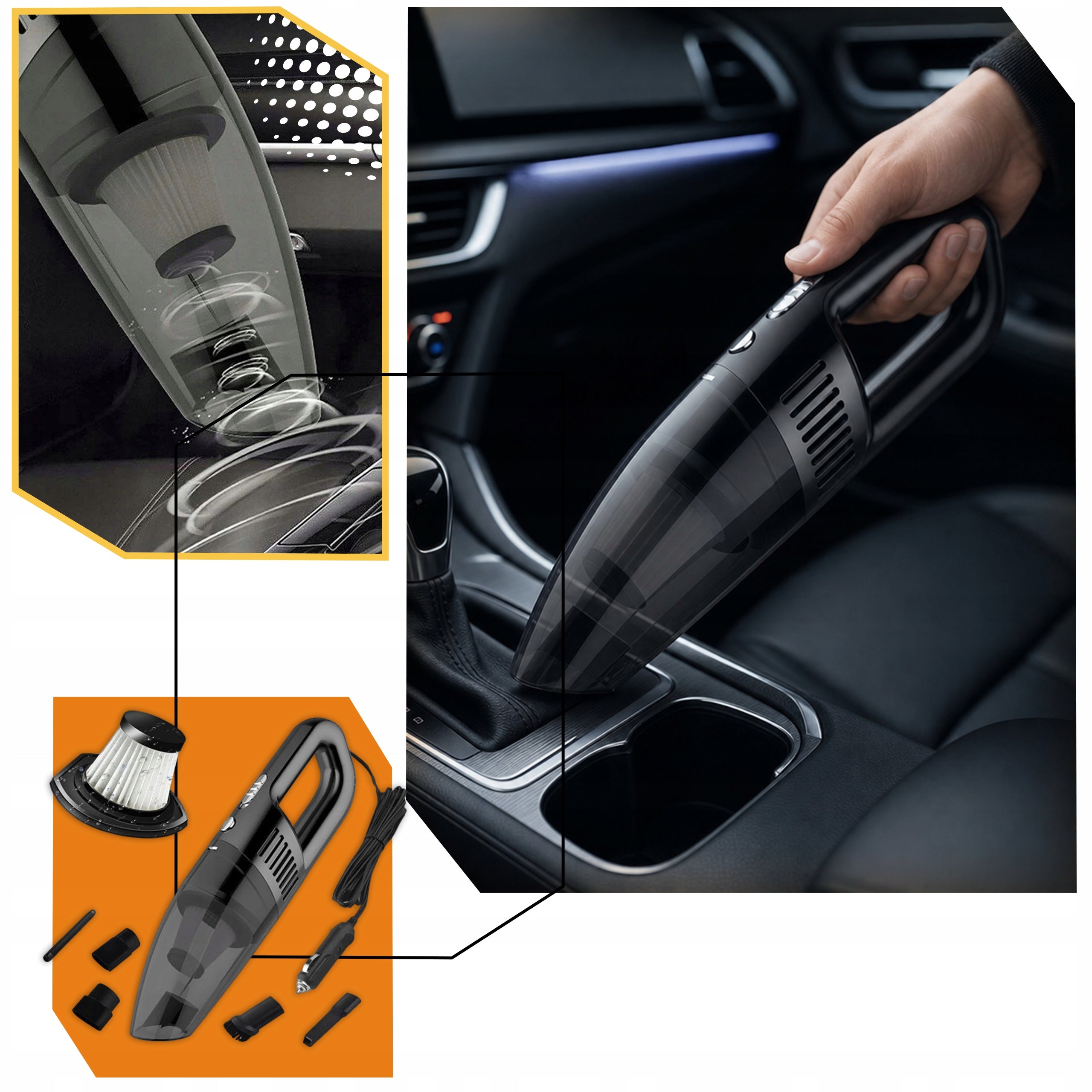 Car Vacuum Cleaner Handheld 12V Bagless Hepa Filter Powerful 120W +Ends Dominant color black